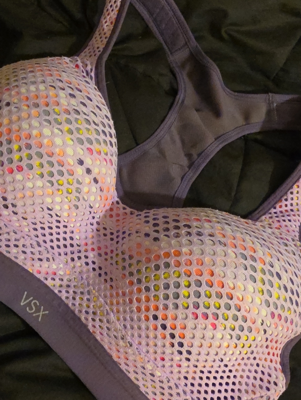 VSX Lavender Mesh Sports Bra with Multicolor Dot Overlay Purple Size 32B Euc
